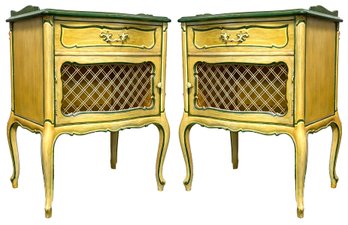 A Pair Of Vintage French Provincial Nightstands With Wire Latticework Paneled Doors By White Fine Furniture