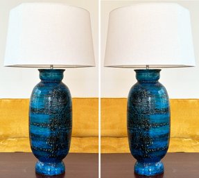 A Pair Of Rare Vintage Italian Modern Table Lamps, 'Abstract' In Persian Blue By Aldo Londi For Bitossi
