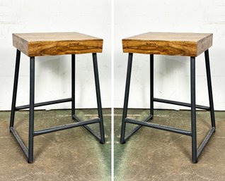 A Pair Of Modern Raw Edge Mahogany And Steel Stools