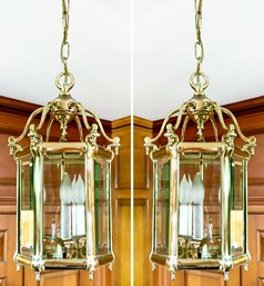 A Pair Of Large Vintage Brass And Glass Lantern Fixtures