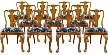 A Set Of 12 Antique Burled Walnut Queen Anne Dining Chairs With Schumacher Tapestry Seats