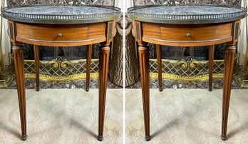 A Pair Of Vintage Louis XVI End Tables Or Nightstands With Marble Tops And Brass Galleries