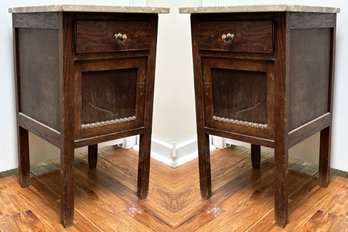 A Pair Of Antique Oak Nightstands With Custom Marble Tops