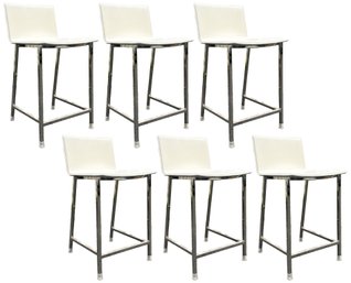 A Set Of 6 Leather And Chrome Low Back Counter Stools By CB2