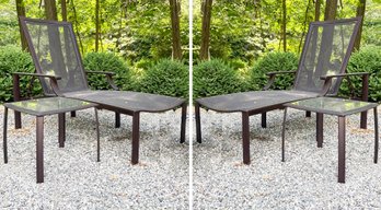 A Pair Of Outdoor Aluminum And Mesh Lounge Chairs And Ottomans With Covers By Brown Jordan