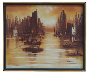 Signed Vintage Mid Century Cityscape Abstract Oil Painting
