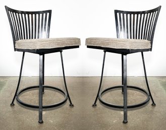 A Pair Of Vintage Wrought Iron Counter Height Swivel Stools