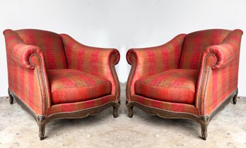 A Pair Of Rolled Arm Bergeres With Nailhead Trim By Ralph Lauren