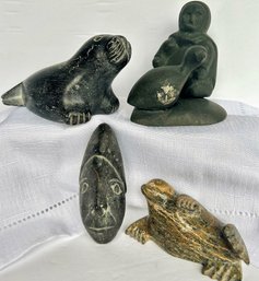 Lot Of 4 Eskimo Art Stone Carved Pieces - Marked And/or Numbered