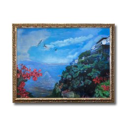 53x41 Ornate Gilt Framed Original Acrylic On Canvas Seascape Terrace - Signed Alton S Tobey