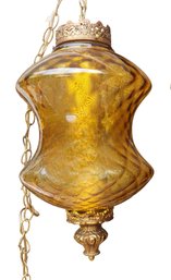 Large Vintage Mid Century Diamond Pattern Amber Glass Electrified Hanging Pendant Chain Light Lamp