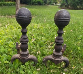 Antique Pair Cast Iron Hand Hammered Fireplace Andirons