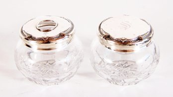 Pair Of Antique Art Deco Sterling Silver & Crystal Vanity Jar & Hair Receiver