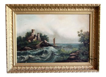 Antique Romanticist 1800's Oil On Canvas Painting Seascape With Castle