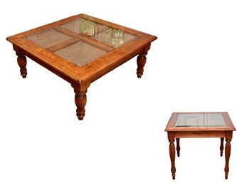 Set Of 2 Lane Furniture Coffee  And End Tables  With Glass Pane Top And Cane Underlay