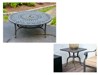 Large Cast Aluminum Patio Furniture  Round Pierced And  Scrollwork Fire Pit Coffee Table  And Side Table