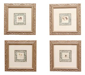 Set Of Four Pressed Dried Flowers Over Handmade Paper On Floral Matted Prints  In Gold Leaf Frames