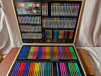 Artist Lot #2 In Wooden Box Paints, Pastes, Pencils, Markers, Crayons