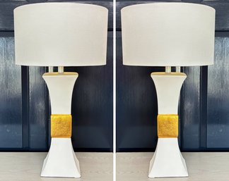 A Pair Of Glam Modern Ceramic Lamps With Gilt Lined Shades By ABC Carpet & Home