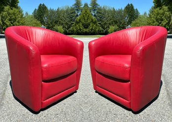 A Pair Of Fab Club Chairs In Lipstick Red Leather By Natuzzi
