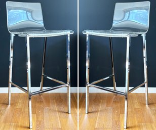 A Pair Of Modern Lucite And Chrome Bar Stools