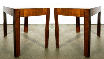 A Pair Of Vintage Mid Century Triangular Leg Side Tables In Grained Mahogany, Likely Edward Wormley For Dunbar