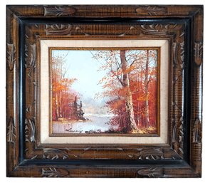 Vintage Autumn Landscape Oil On Canvas Painting In Carved Frame Signed Moncrief