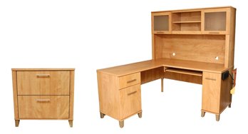 Maple Finish  Corner Desk With Hutch And File Cabinet