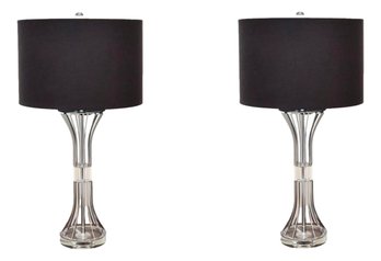 Set Of  2 Hourglass Pedestal Chrome And Acrylic Modern Table Lamps  With Black  Drum Shades