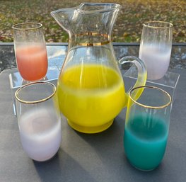 Vintage West Virginia Glass Blendo Frosted 10' Pitcher And Four 5'glasses Gold Trim Bright Colors