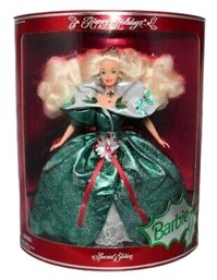 New In Box 1995 Special Edition Happy Holidays Barbie With Emerald Green Satin Dress