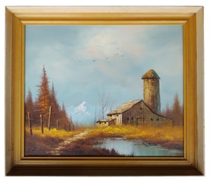 Beautiful Vintage Signed Country Landscape With Old Barn Oil Painting