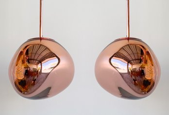 A Pair Of Modern Copper Mini Shade Pendant Lights By Tom Dixon - New In Box