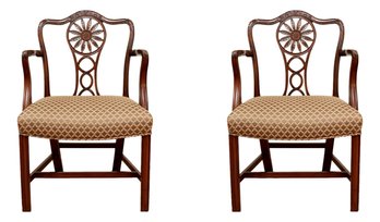 Pair Of Georgian Sheraton Style Carved Mahogany  Arm Chairs With Taupe And Olive Floral Upholstery