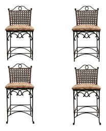 4 Wrought Iron Scroll Barstools With Brown Wicker Backrest And Padded Seats