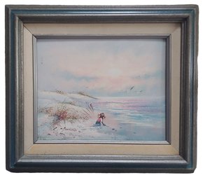 Signed Vintage Girl On Beach Oil Painting