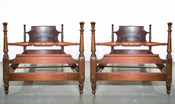 A Pair Of Antique Turned Mahogany Twin Bed Frames