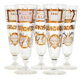 Vintage Set Of Mid Century Beer Glasses With Gold 'Labels'
