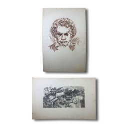 20x30 Douglass MacArthur And Ludwig Van Beethoven Charcoal Sketches - Dual Piece