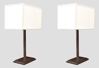 Set Of 2 Brush Silver-tone Finish  Minimalist Table Lamp With Square Base And  White Square Whip Stitch  Shade