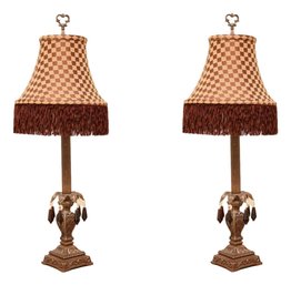 2 Accent Candle Stick Table Lamps With Brown Diamond Fringed Shade And Drop Prisms