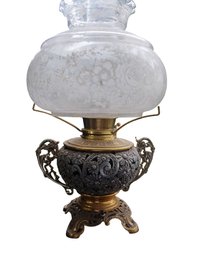 Antique Ornate Victorian Bradley & Hubbard B&H Nickel & Brass Electrified Parlor Lamp With Etched Shade