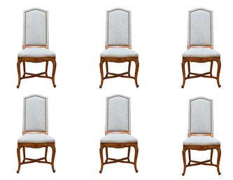 6 Exquisite French Provincial Wood Carved Luxurious Microfiber Side Chairs With Nailheads Trim & Cabriole Legs