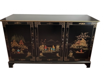 Vintage Asian Black Lacquer Hand Painted Scenery Chinoiserie Buffet Sideboard  ( READ Description)