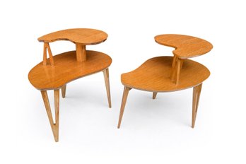 Mid-century Blonde Kidney Shaped 2-tier Side Table  - A Pair