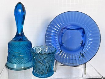 3 Pcs. Vintage Blue Glass Lot: Toothpick Holder, Bell, Signed Plate