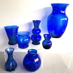 Lot Of 7 Cobalt Glass Vases-  Tallest 8', Shortest 3-1/4