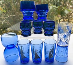 Assorted Lot  Of 12 Cobalt Glasses- No Issues!