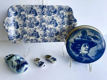 Lot Of Blue Delft Items (shoes & Round Trinket Box)  1 Arthur Wood England Tray (read Description)