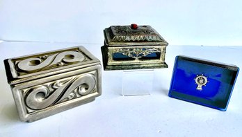 Lot Of 3 Trinket Boxes: Brayton Laguna California, Silverplated & Cobalt, Ship's Wheel On Blue Glass